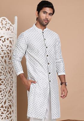 Grey Embroidered Silk Kurta For Men