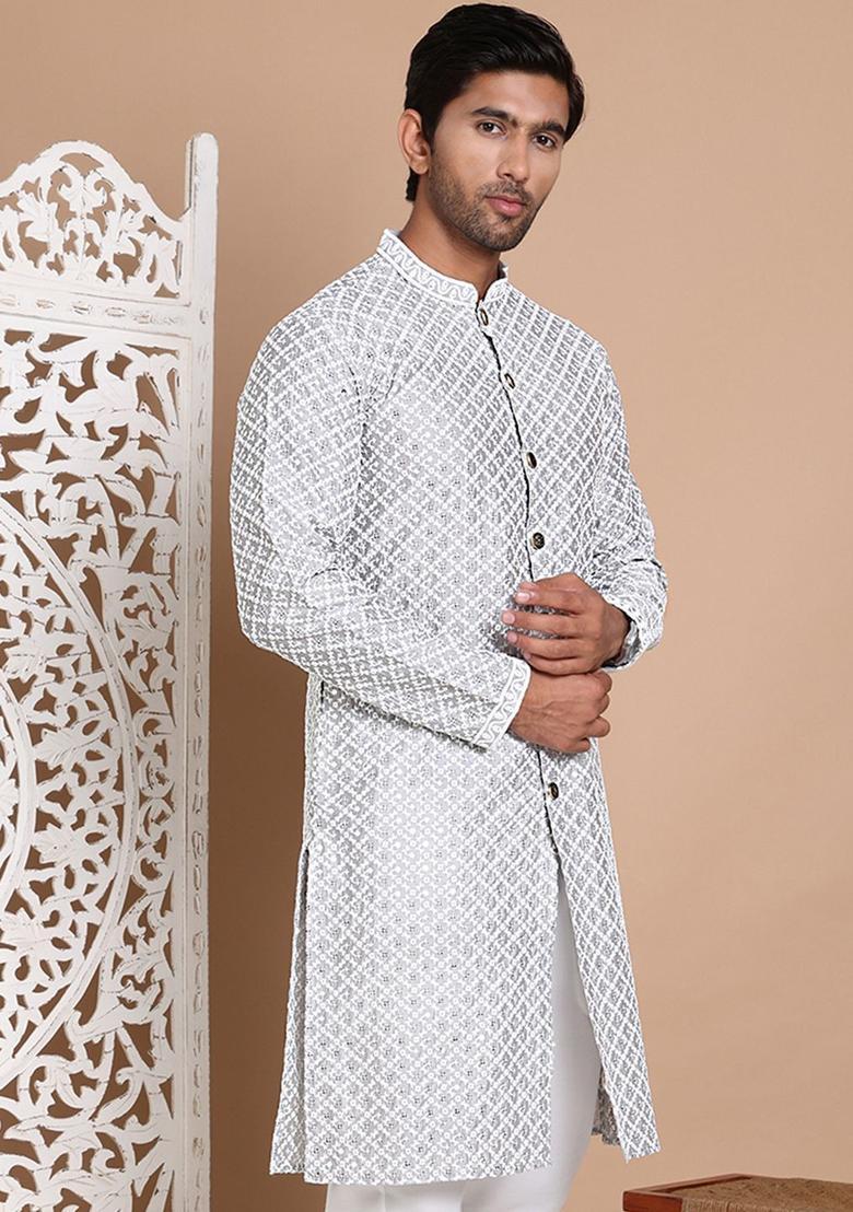 Grey Embroidered Silk Kurta For Men - Indya