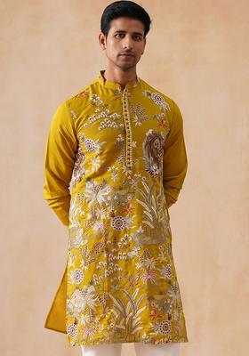 Yellow Woven Design Cotton Kurta For Men