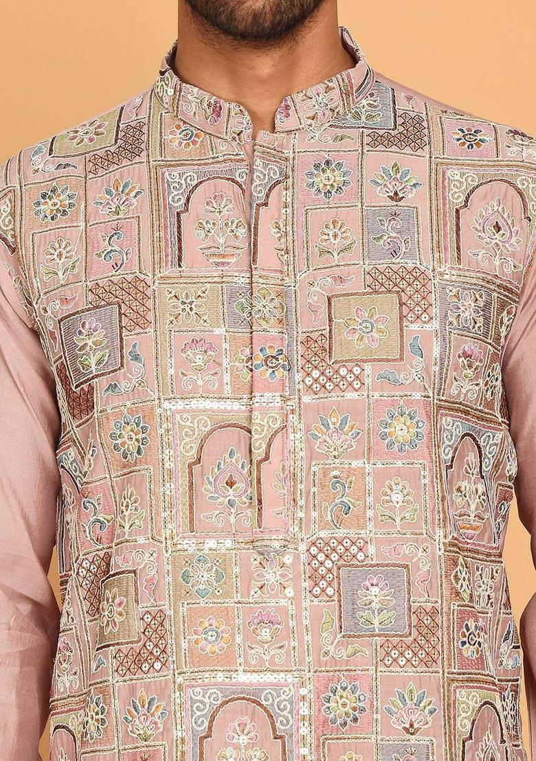 Peach Embroidered Silk Kurta For Men - Indya