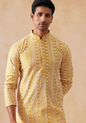 Yellow Embroidered Silk Kurta For Men