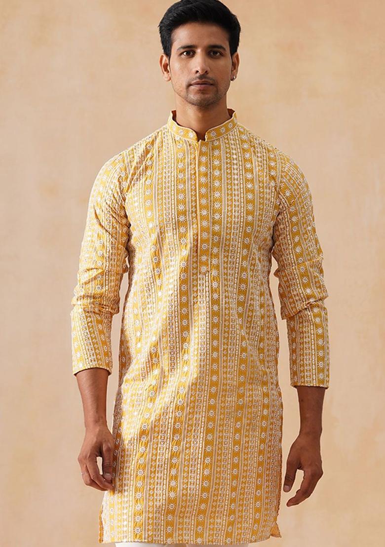 Yellow Embroidered Silk Kurta For Men - Indya