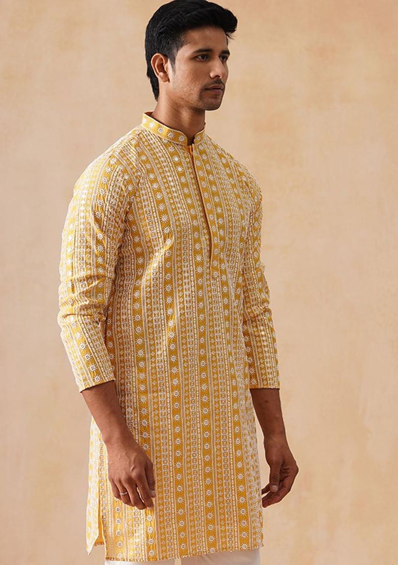 Yellow Embroidered Silk Kurta For Men - Indya