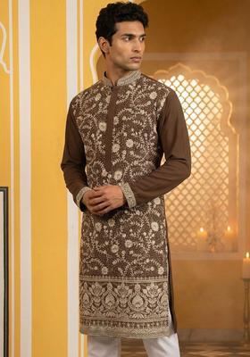 Brown Embroidered Silk Kurta For Men