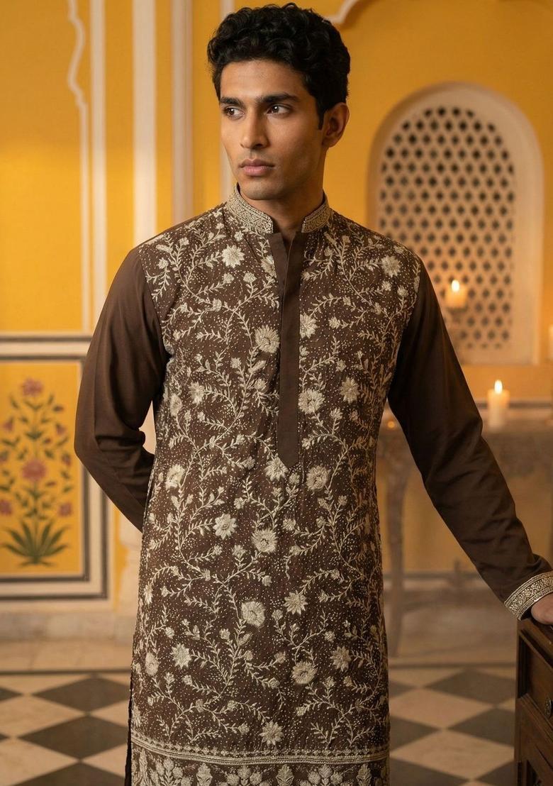 Brown Embroidered Silk Kurta For Men - Indya