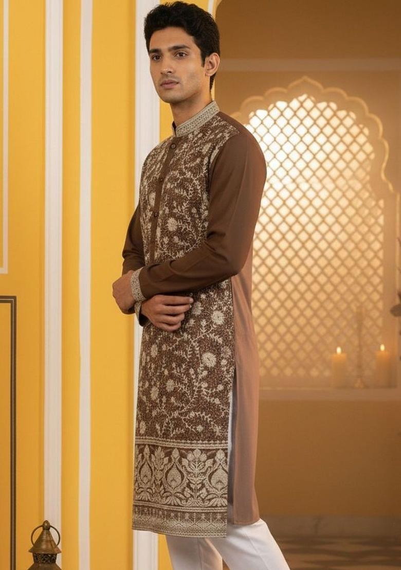 Brown Embroidered Silk Kurta For Men - Indya