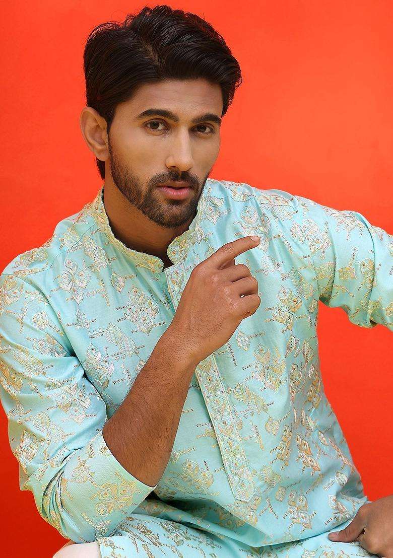 Blue Embroidered Silk Blend Kurta For Men - Indya