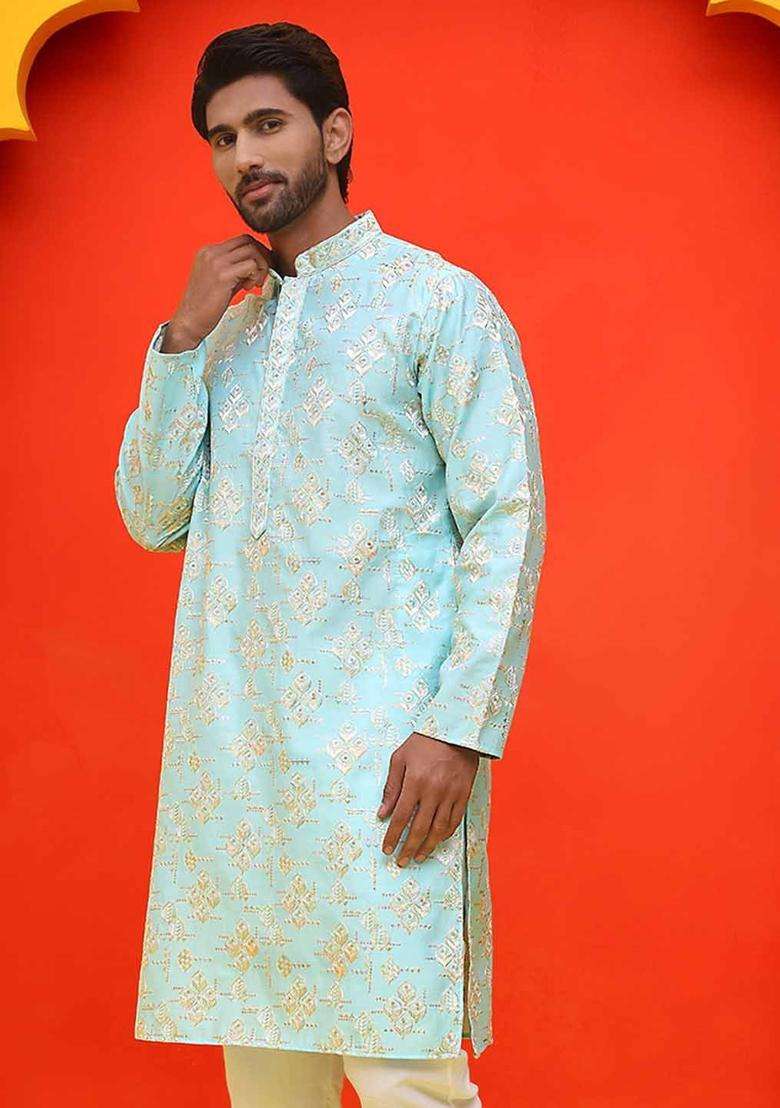 Blue Embroidered Silk Blend Kurta For Men - Indya