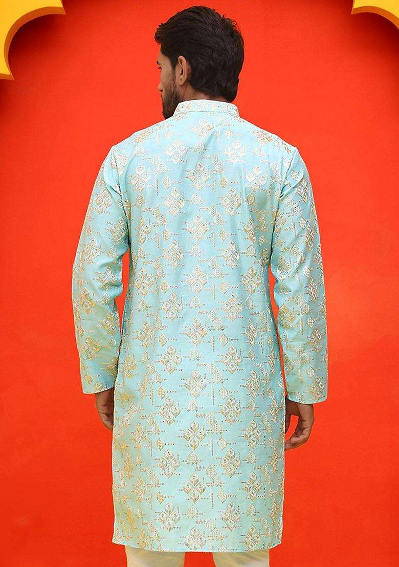 Blue Embroidered Silk Blend Kurta For Men - Indya