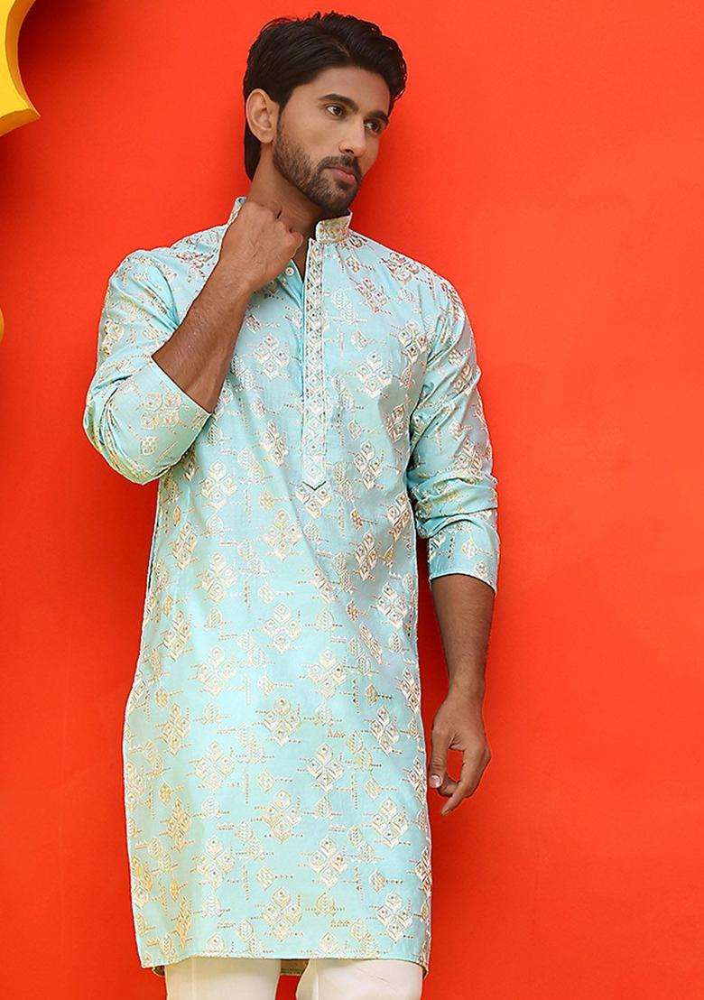 Blue Embroidered Silk Blend Kurta For Men - Indya