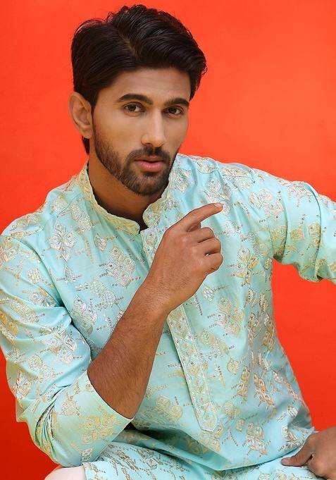 Blue Embroidered Silk Blend Kurta For Men