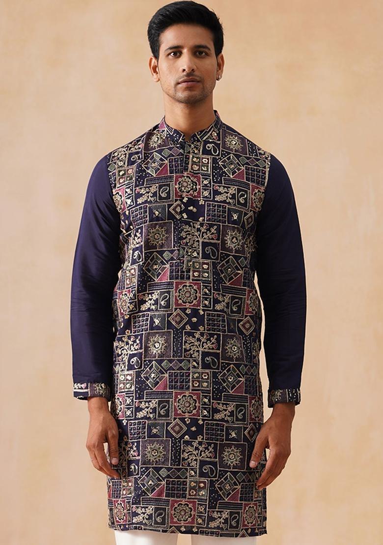 Blue Embroidered Silk Kurta For Men - Indya