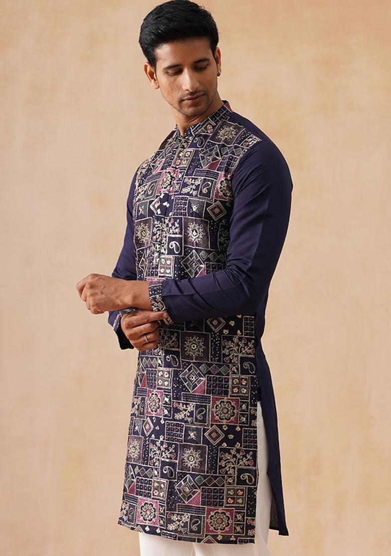 Blue Embroidered Silk Kurta For Men - Indya