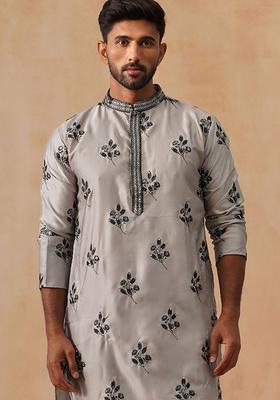 Grey Embroidered Silk Kurta For Men