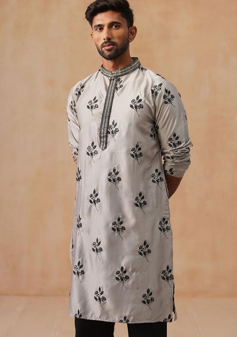 Grey Embroidered Silk Kurta For Men - Indya