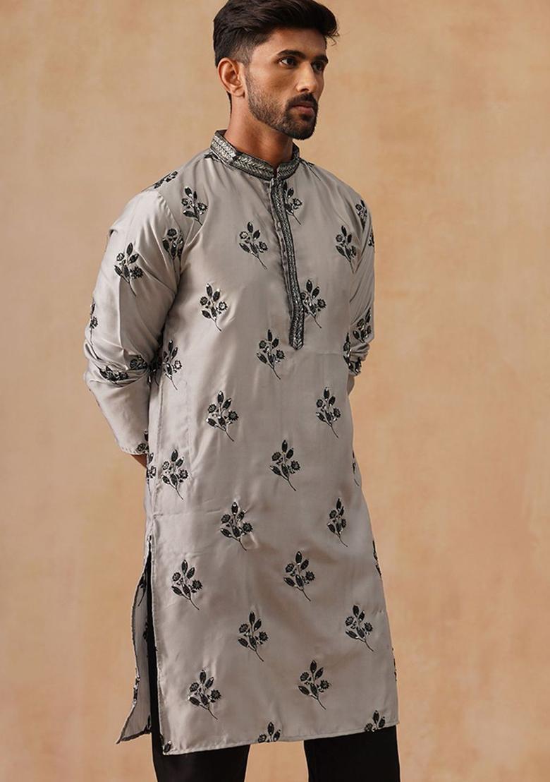 Grey Embroidered Silk Kurta For Men - Indya