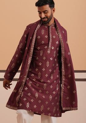 Maroon Embellished Silk Kurta With Dupatta For Men