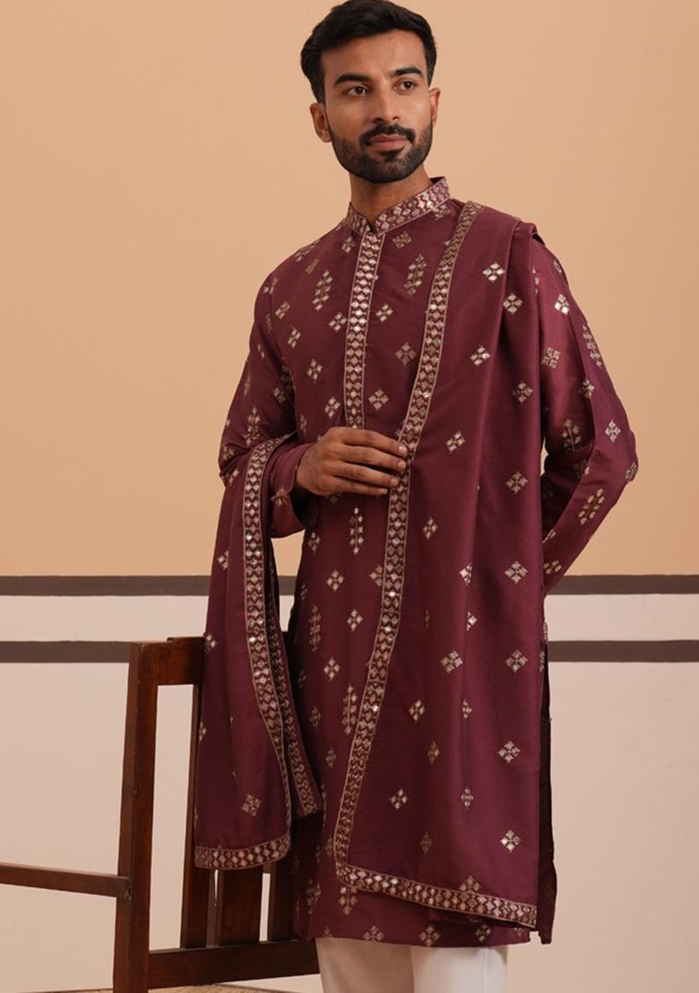 Maroon Embellished Silk Kurta With Dupatta For Men - Indya