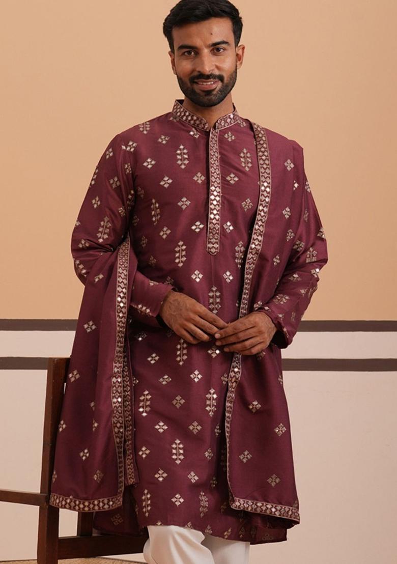 Maroon Embellished Silk Kurta With Dupatta For Men - Indya