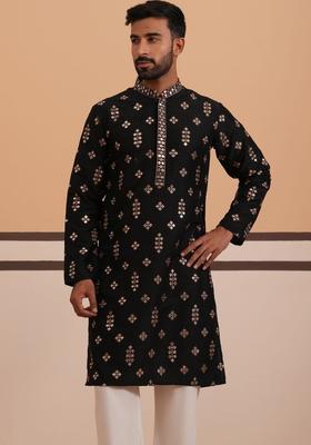 Black Embellished Silk Kurta With Dupatta For Men
