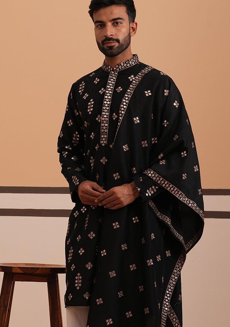 Black Embellished Silk Kurta With Dupatta For Men - Indya
