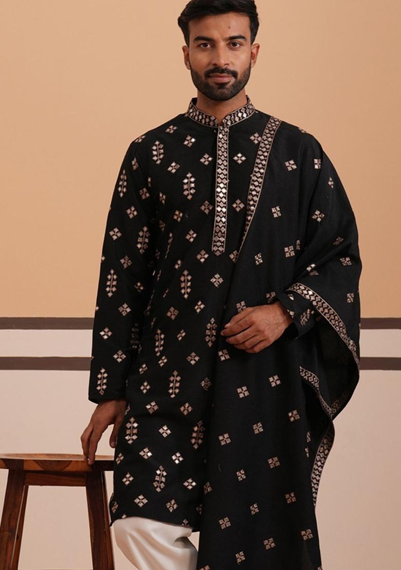 Black Embellished Silk Kurta With Dupatta For Men - Indya