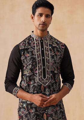 Black Woven Design Silk Kurta For Men