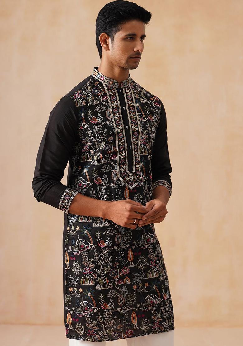 Black Woven Design Silk Kurta For Men - Indya