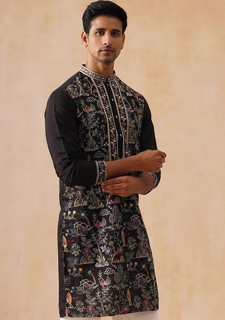 Black Woven Design Silk Kurta For Men - Indya