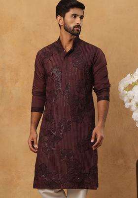 Maroon Embroidered Silk Blend Kurta For Men