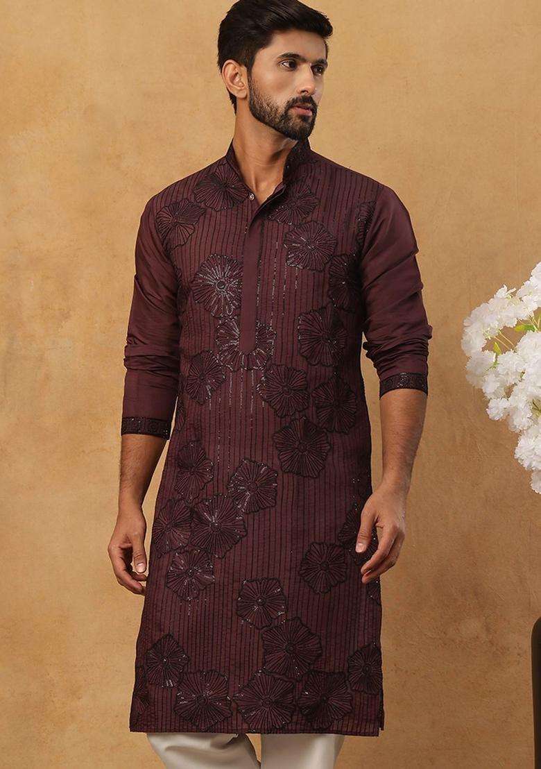 Maroon Embroidered Silk Blend Kurta For Men - Indya