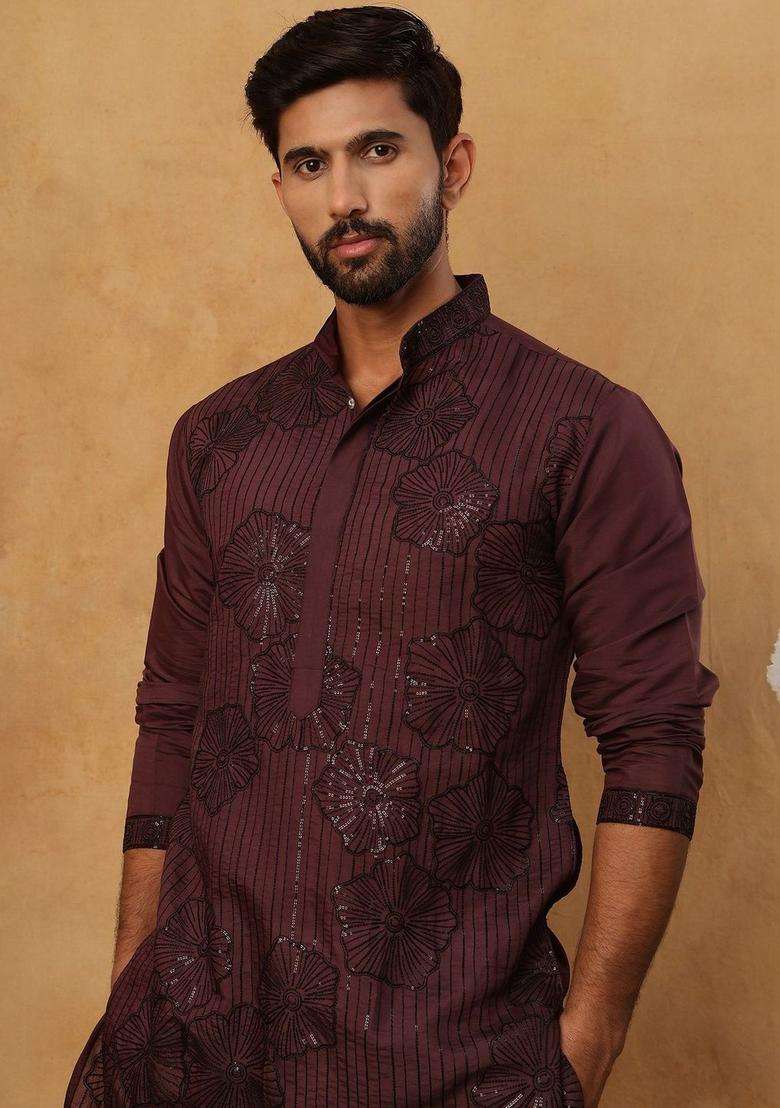 Maroon Embroidered Silk Blend Kurta For Men - Indya