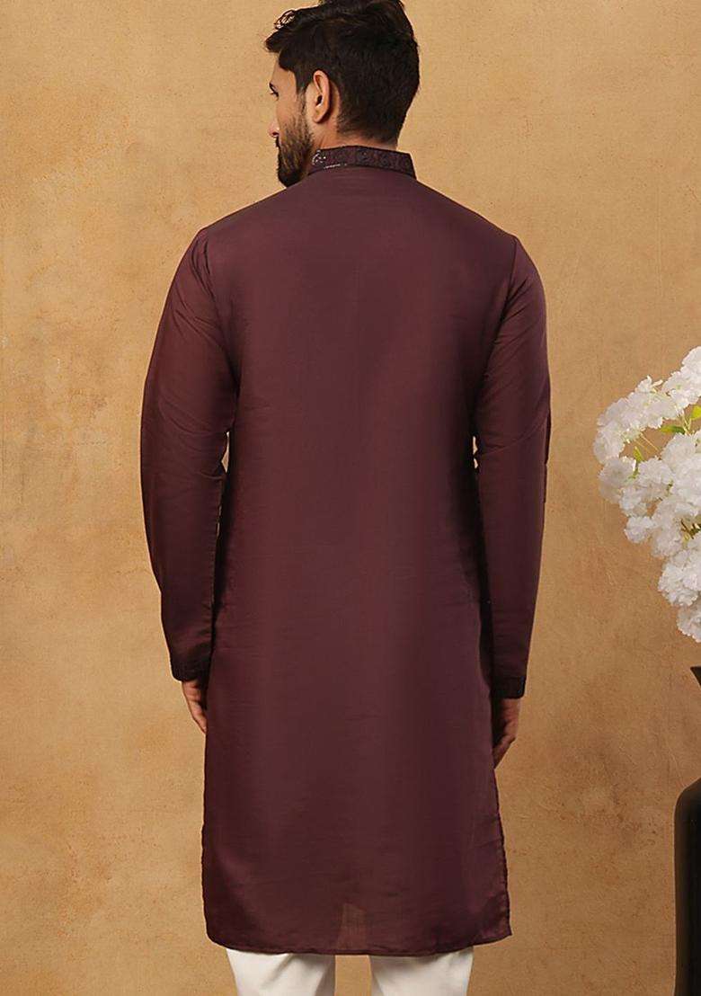 Maroon Embroidered Silk Blend Kurta For Men - Indya