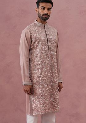 Peach Embroidered Silk Kurta For Men