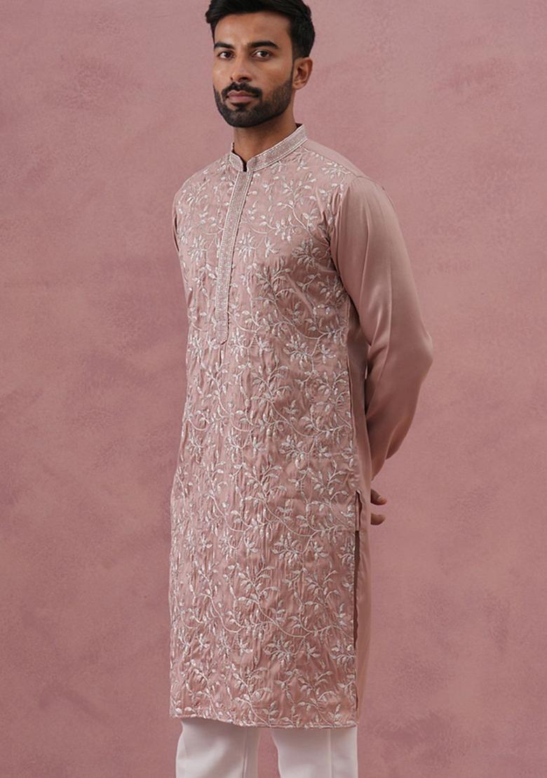 Peach Embroidered Silk Kurta For Men - Indya