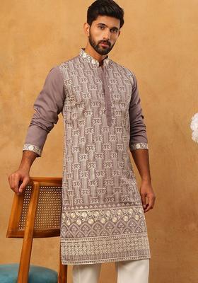 Purple Embroidered Silk Kurta For Men