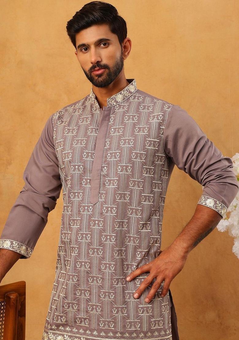 Purple Embroidered Silk Kurta For Men - Indya