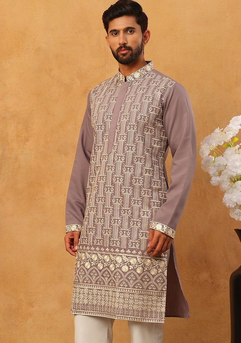 Purple Embroidered Silk Kurta For Men - Indya