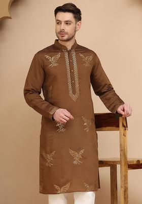 Brown Embroidered Silk Kurta For Men