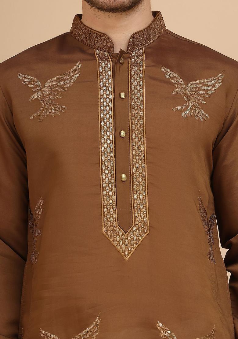 Brown Embroidered Silk Kurta For Men - Indya