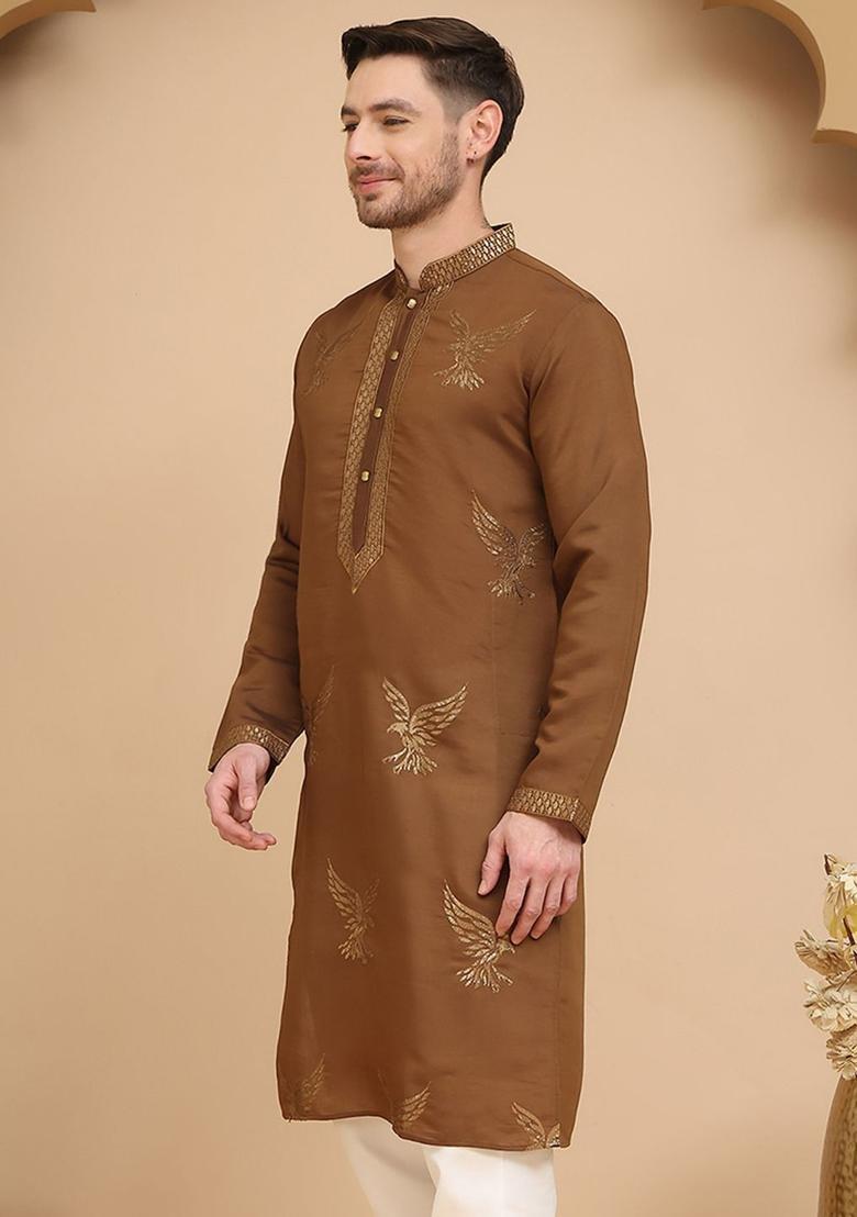 Brown Embroidered Silk Kurta For Men - Indya