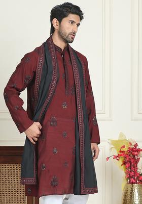 Maroon Embroidered Silk Kurta With Dupatta For Men