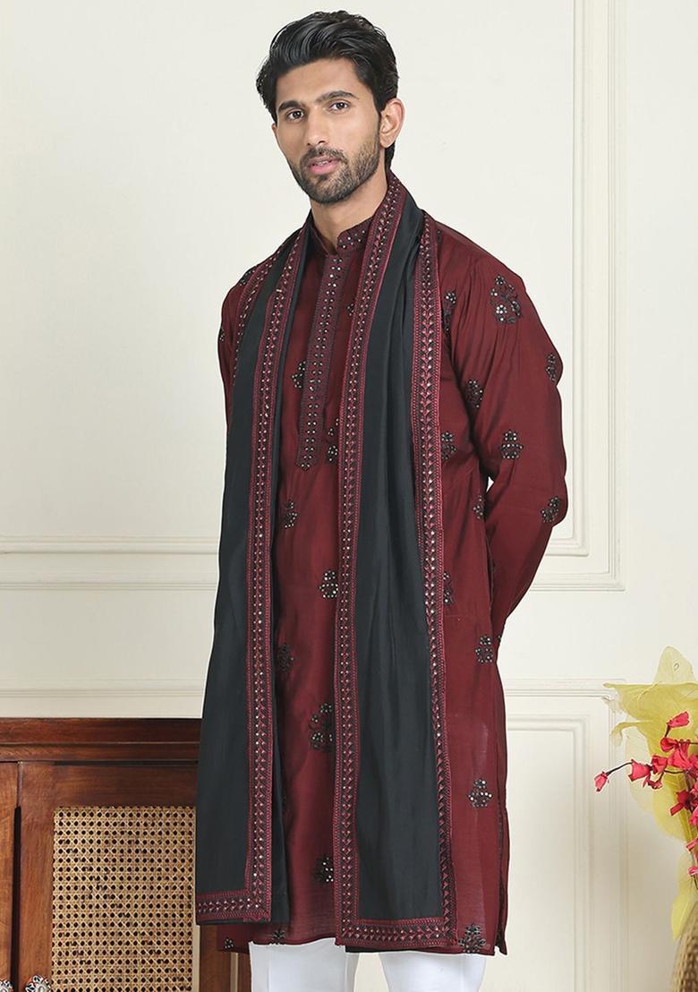 Maroon Embroidered Silk Kurta With Dupatta For Men - Indya