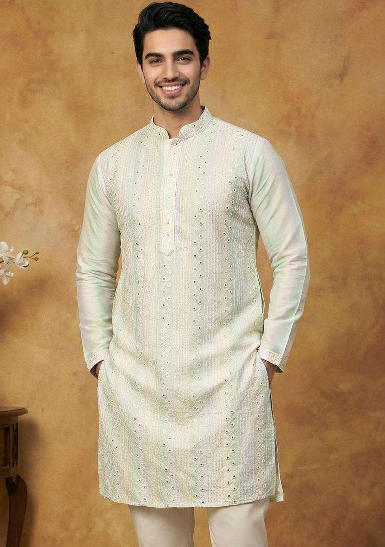 Multi Embroidered Silk Blend Kurta For Men - Indya