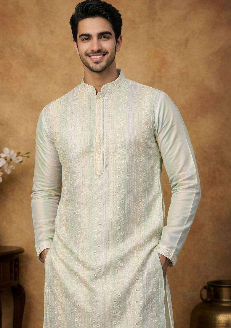 Multi Embroidered Silk Kurta For Men - Indya