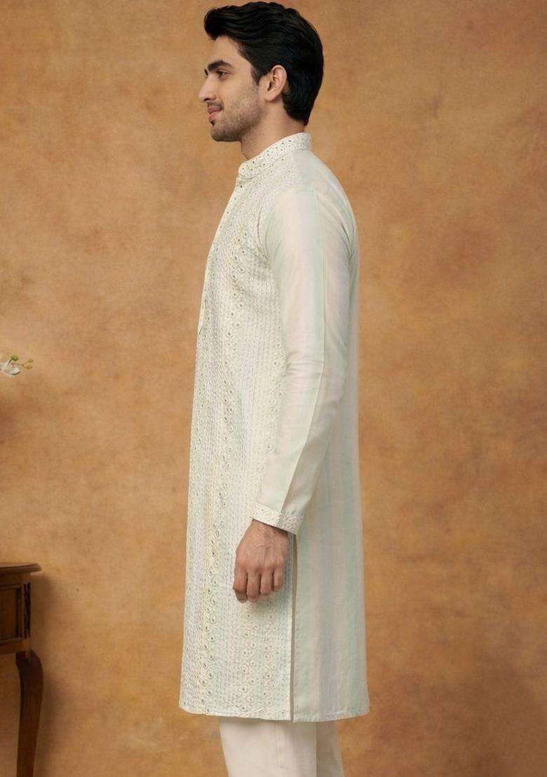 Multi Embroidered Silk Blend Kurta For Men - Indya