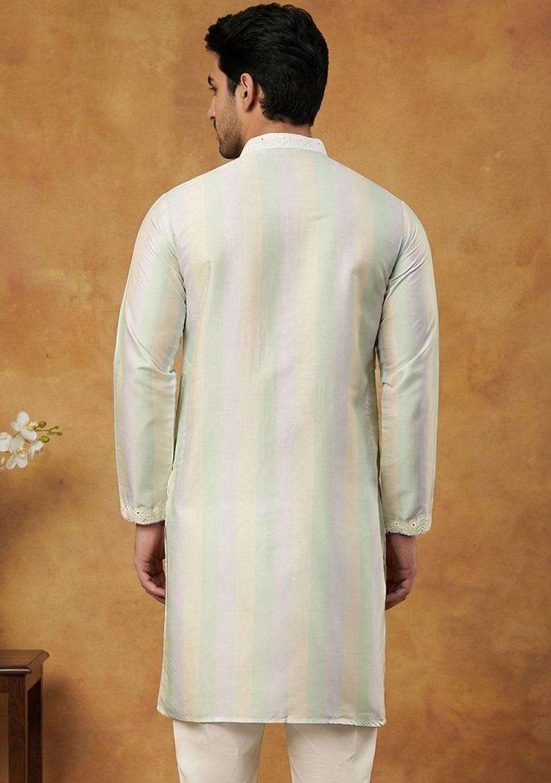 Multi Embroidered Silk Blend Kurta For Men - Indya