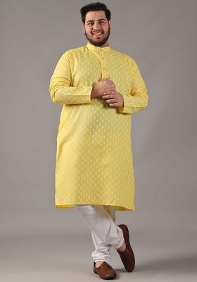 Yellow Printed Blended Kurta For Men