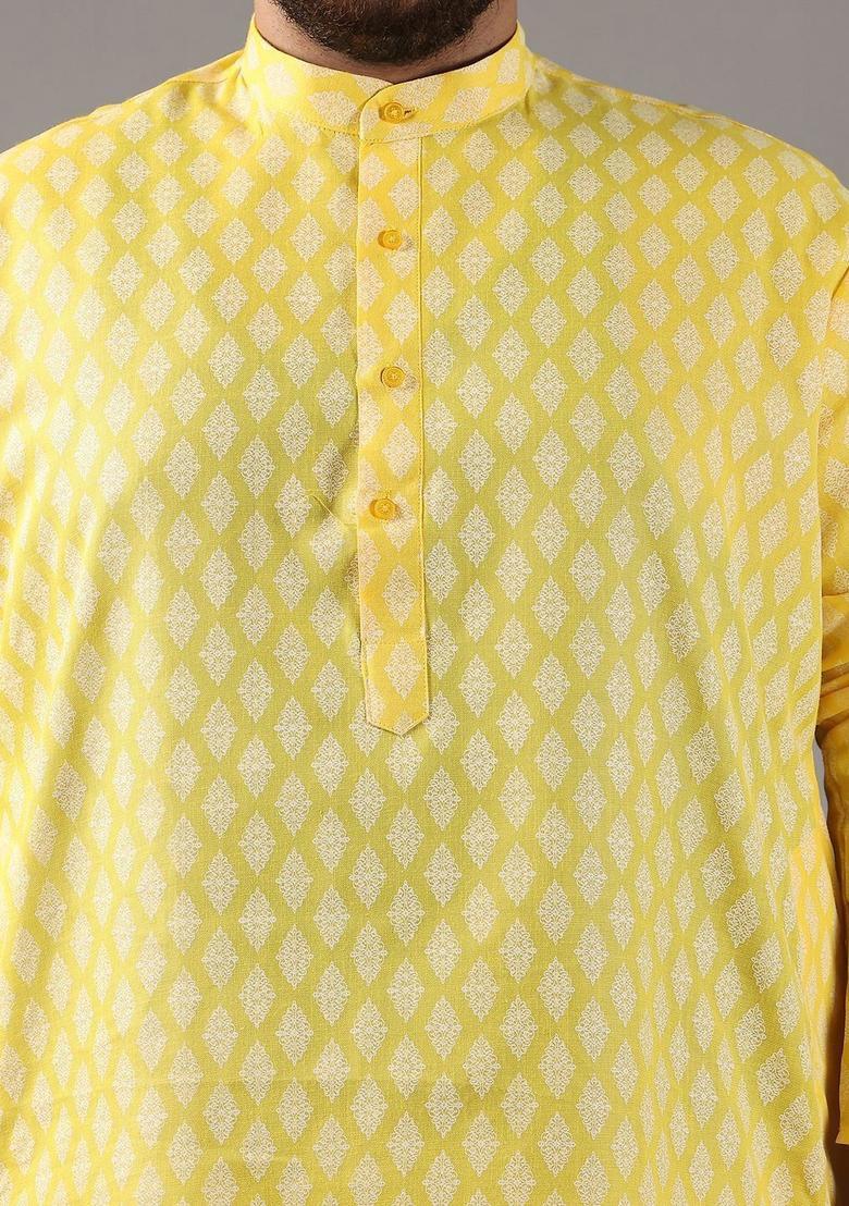 Yellow Printed Blended Kurta For Men - Indya