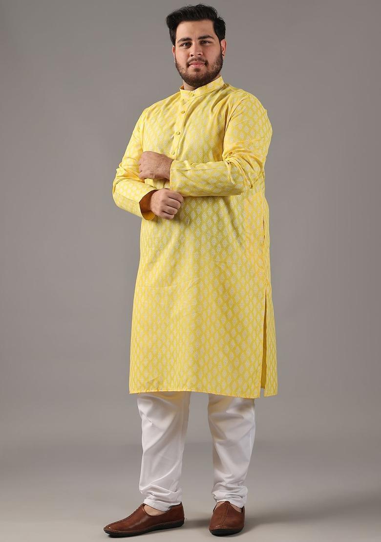 Yellow Printed Blended Kurta For Men - Indya